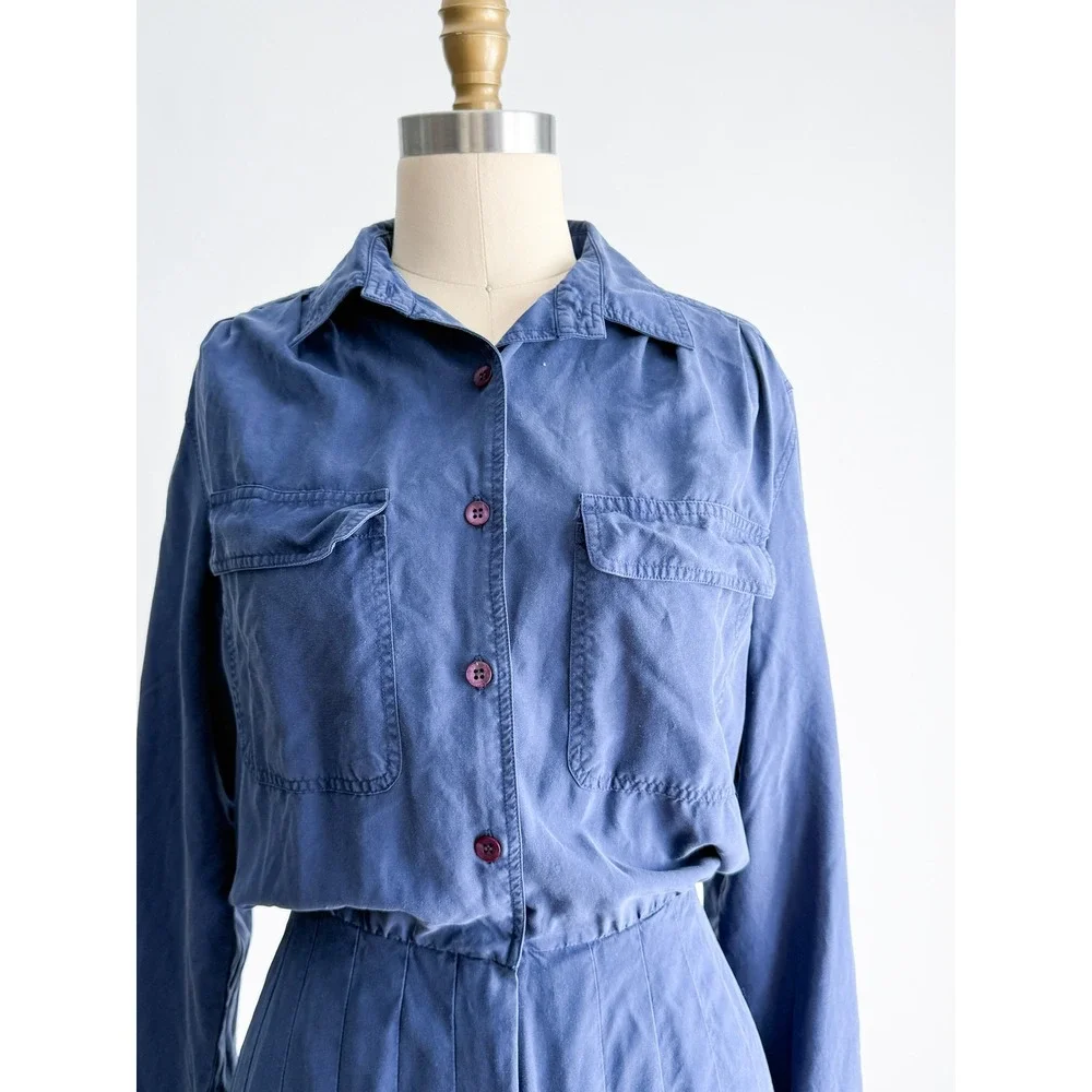 Argenti Silk Shirt Dress Vintage 80s Midi Pleated 10 Blue Long Sleeve Pocket